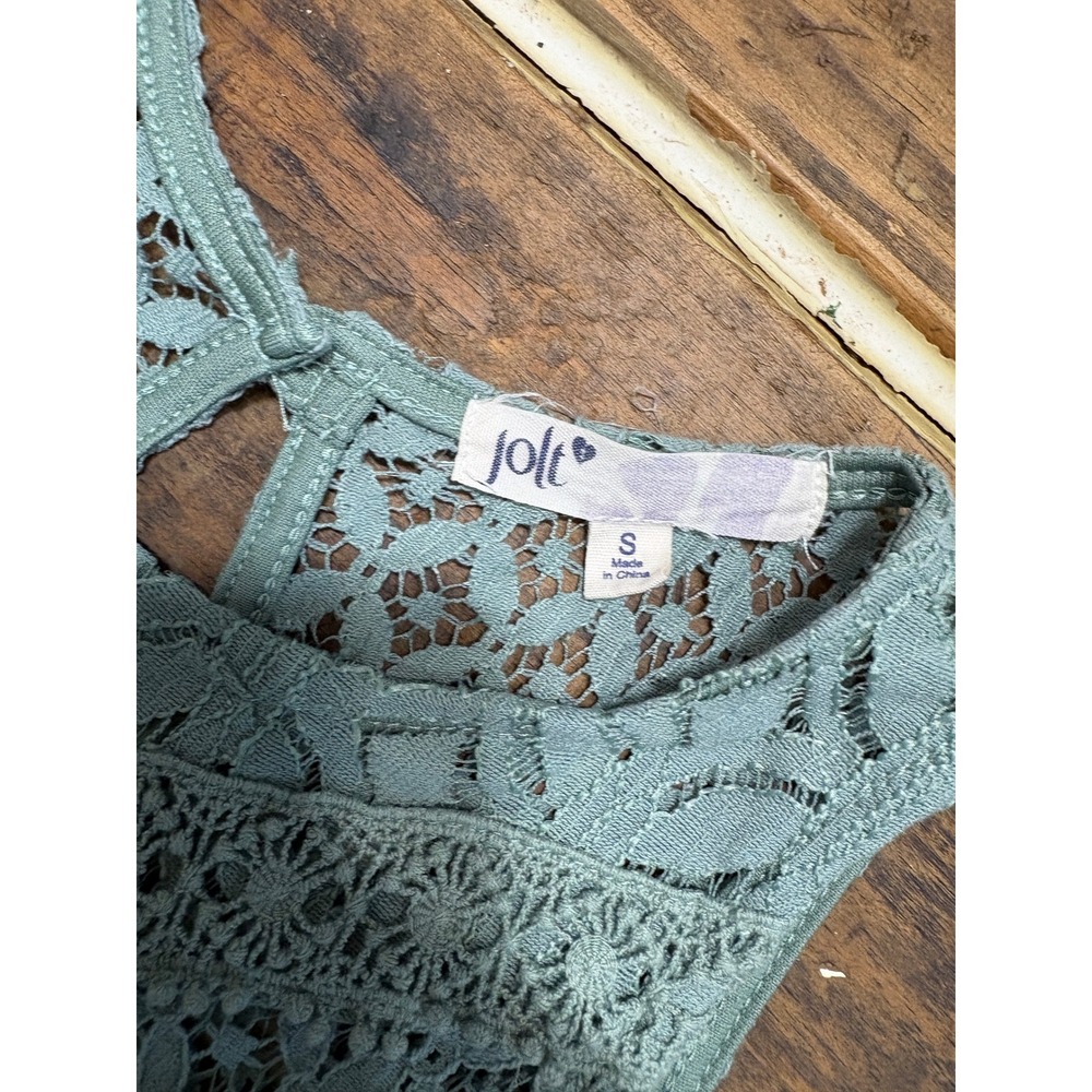 Jolt Sage Green Lace Sleeveless Shift Dress Shimmer Crochet High Neck Small - Picture 3 of 6